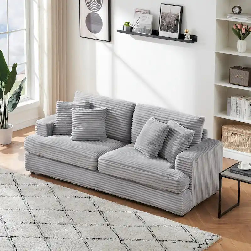 79.3 Corduroy 3-seater Sofa with Toss Pillows and Spring Cushion
