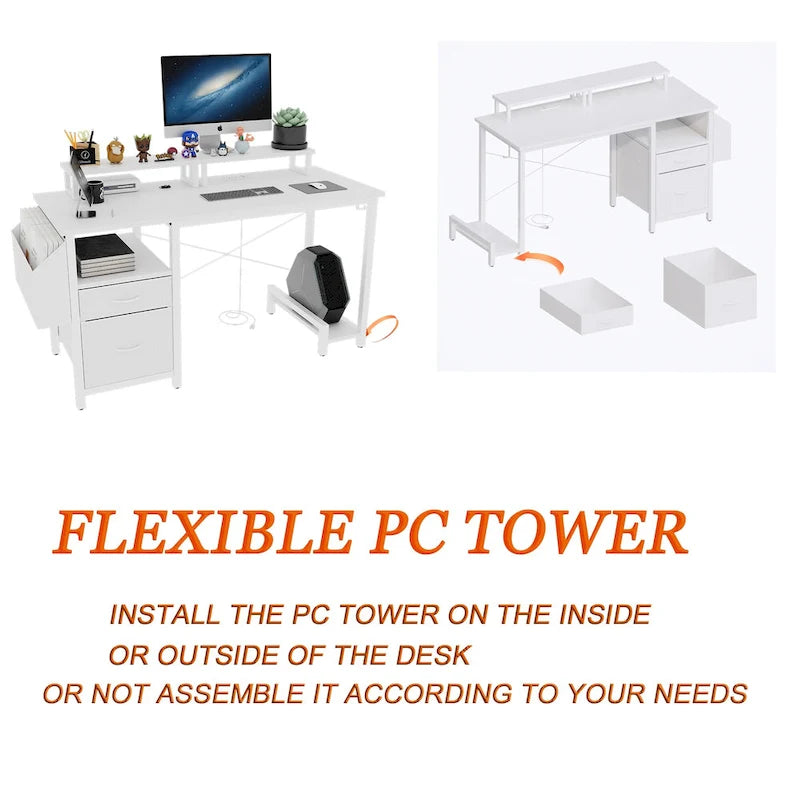 Modern Computer Office Desk with Power Station and Dual Monitor Stands and 2 Drawers for Home Office or Study Organization