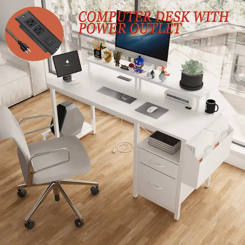 Modern Computer Office Desk with Power Station and Dual Monitor Stands and 2 Drawers for Home Office or Study Organization
