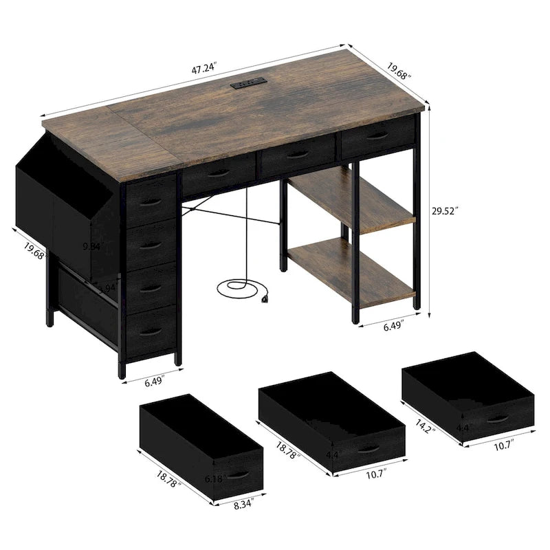 Modern Computer Office Desk with Power Station and Dual Monitor Stands and 2 Drawers for Home Office or Study Organization