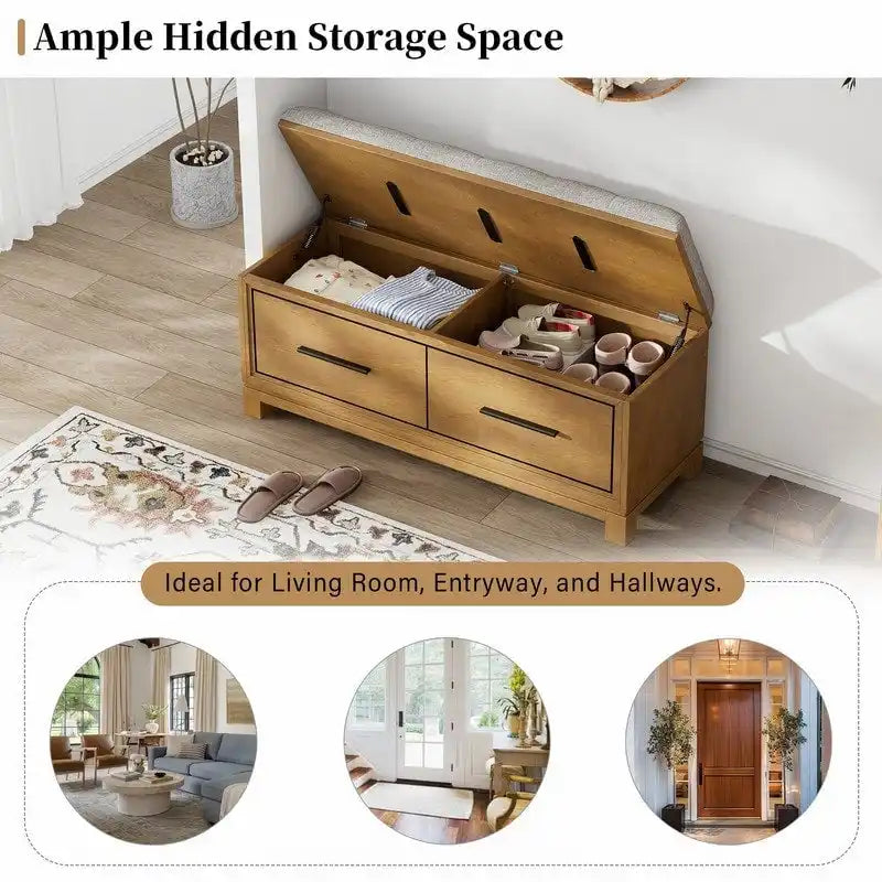 Shoe Bench with Removable Cushion and Hidden Storage for Entryway and Living Room Organization