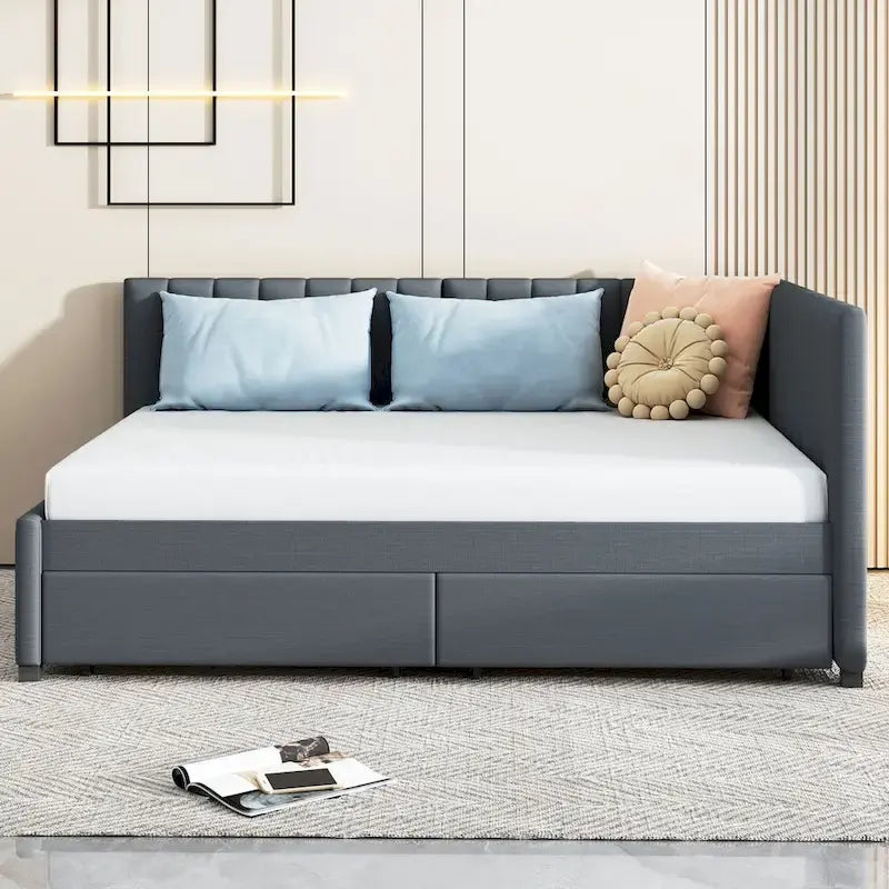 Gray Modern Full Size Upholstered Daybed with Two Storage Drawers for Bedroom
