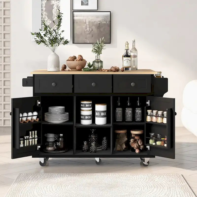 Rubber Wood Drop-Leaf Kitchen Cart with Internal Storage Racks and Rolling Casters