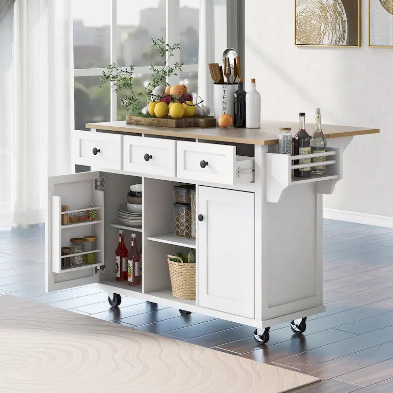 Rubber Wood Drop-Leaf Kitchen Cart with Internal Storage Racks and Rolling Casters