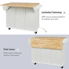 Rubber Wood Drop-Leaf Kitchen Cart with Internal Storage Racks and Rolling Casters
