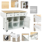Rubber Wood Drop-Leaf Kitchen Cart with Internal Storage Racks and Rolling Casters