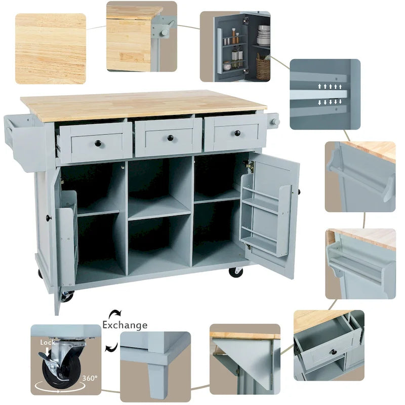 Rubber Wood Drop-Leaf Kitchen Cart with Internal Storage Racks and Rolling Casters