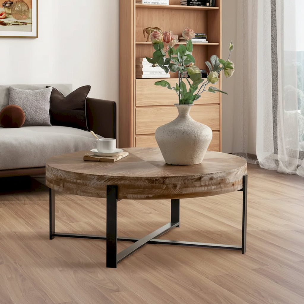 31W Round Coffee Table With Fir Wood Table Top and Metal Frame End Table