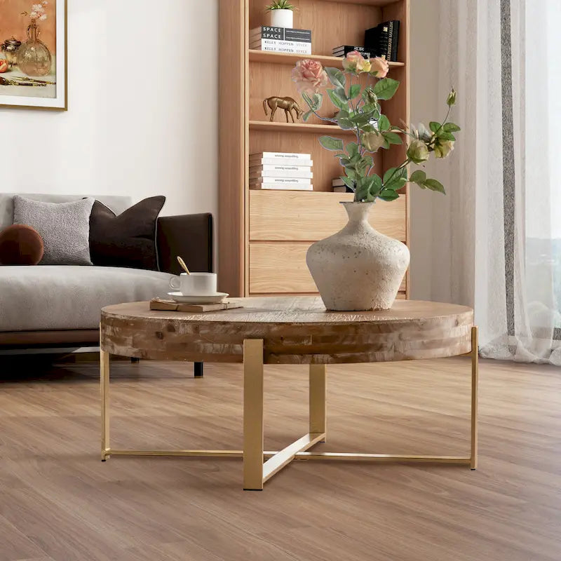 31W Round Coffee Table With Fir Wood Table Top and Metal Frame End Table