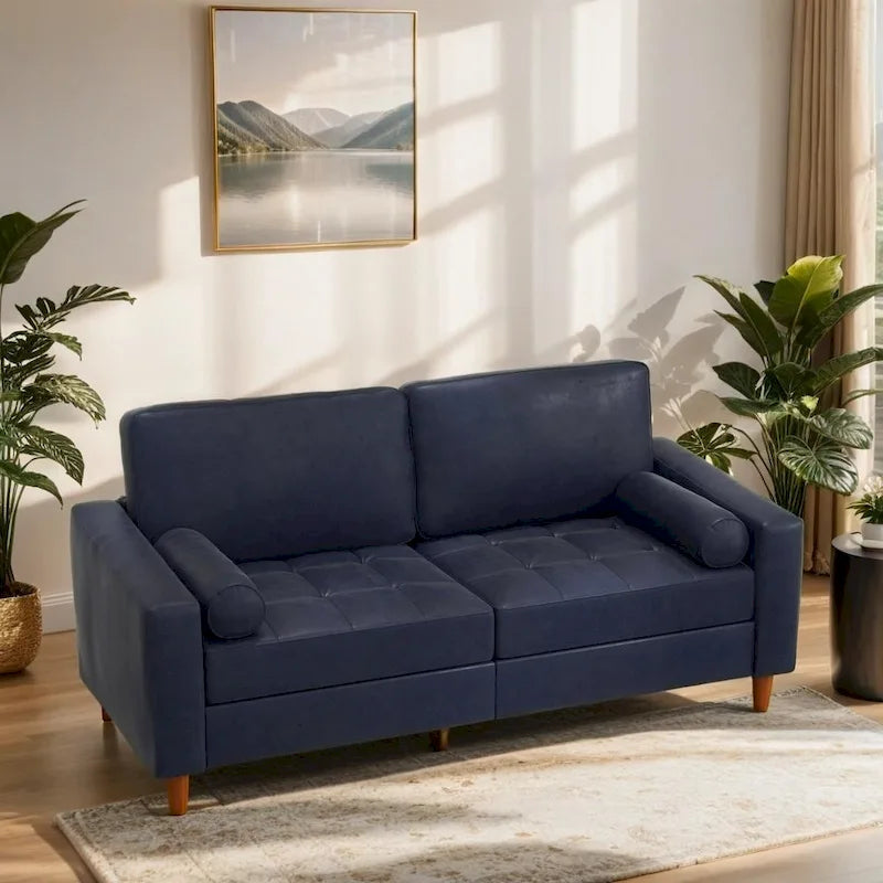 Mid-Century Leather Couch with Hand-Stitched Comfort Cushion and Bolster Pillows