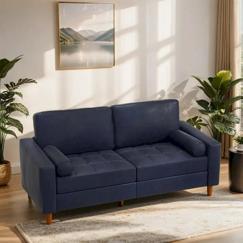 Mid-Century Leather Couch with Hand-Stitched Comfort Cushion and Bolster Pillows