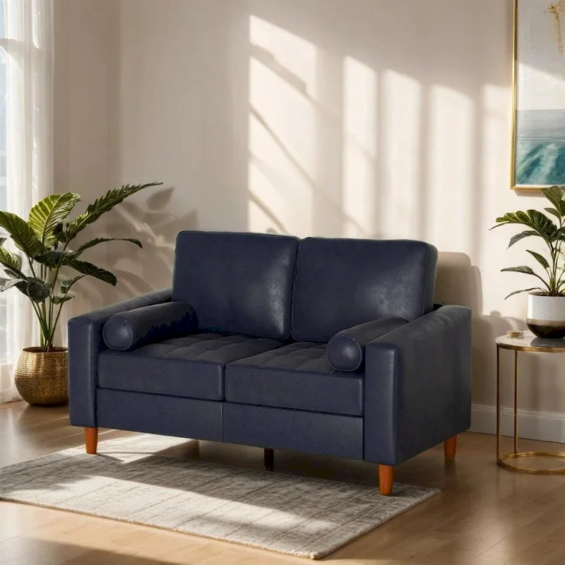 Mid-Century Leather Couch with Hand-Stitched Comfort Cushion and Bolster Pillows