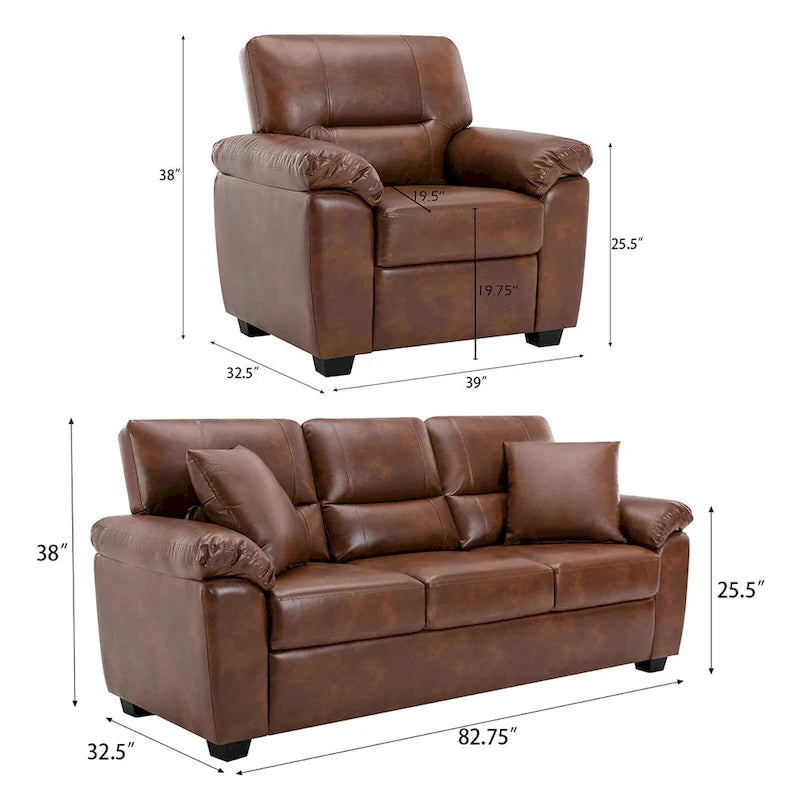 Morden Fort Upholstered Living Room Set, 2 Pieces, Faux Leather Chair, Sofa