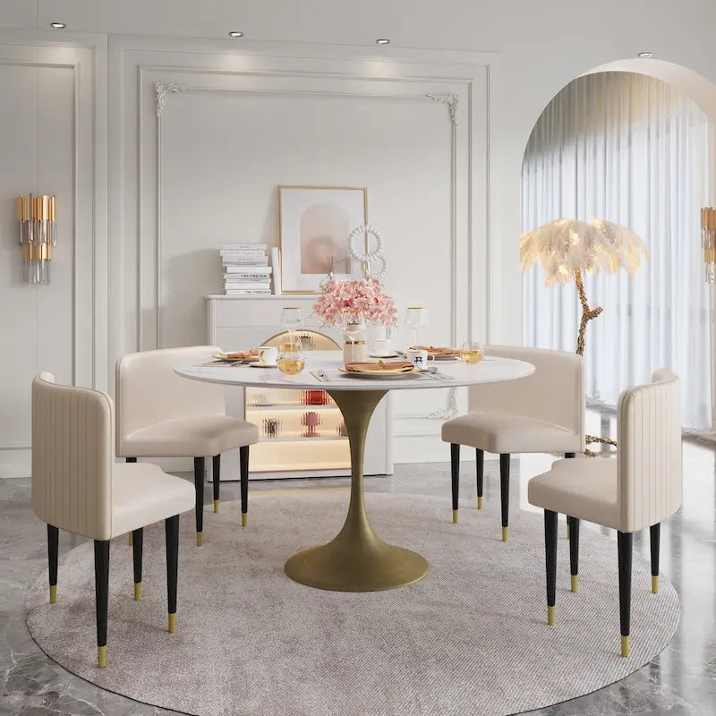 Modern Faux Marble Top Iron Pedestal Dining Table
