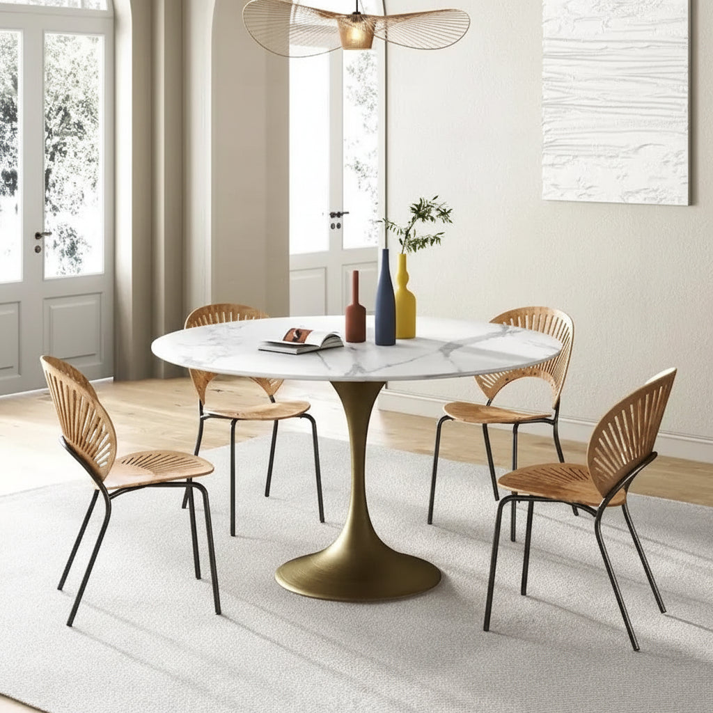 Modern Faux Marble Top Iron Pedestal Dining Table