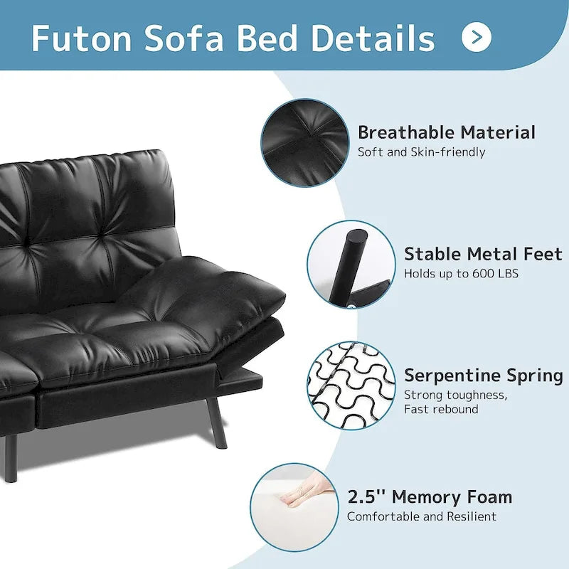 Futon Sofa Bed, Memory Foam Foldable Couch Convertible Loveseat Sleeper Daybed with Adjustable Armrests for Small Space