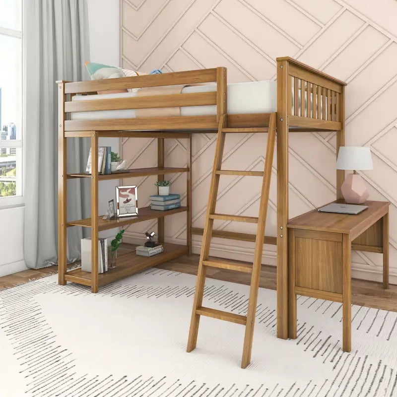 Full-Size High Loft Bed With Bookcase and Desk