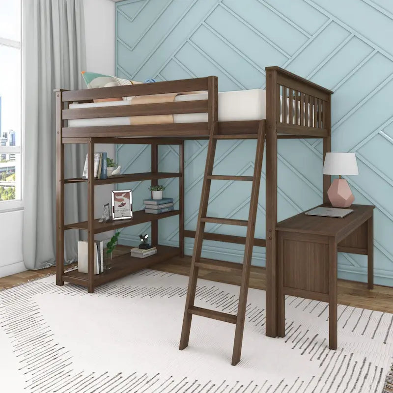 Full-Size High Loft Bed With Bookcase and Desk