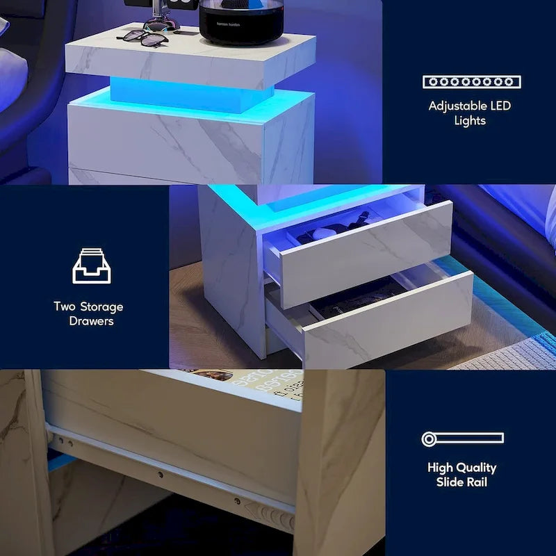 Modern Bedroom Wooden Nightstand/Bedside Table Cabinet with LED Lights and 2 Drawers