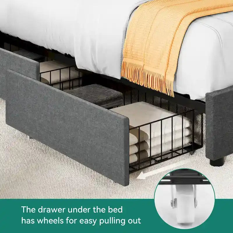 Moasis King Upholstered Rivet Curved Adjustable Headboard Platform Bed Frame 4 Storage Drawers Bed Frame