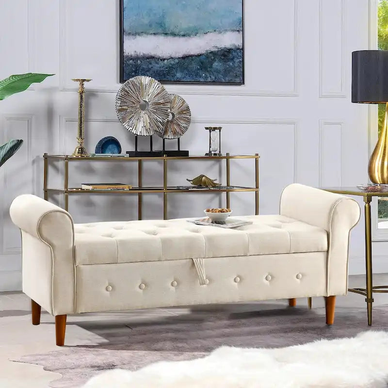 62 Bedroom Tufted Button Storage Bench, Window Bench, Rolled Arm Design for Bedroom, Living Room