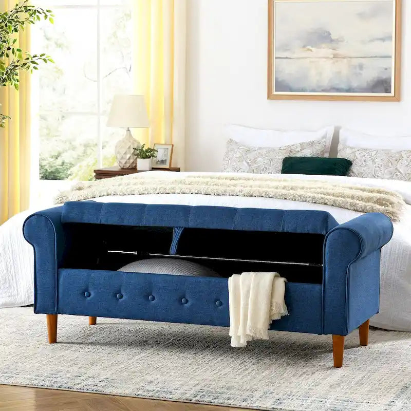 62 Bedroom Tufted Button Storage Bench, Window Bench, Rolled Arm Design for Bedroom, Living Room