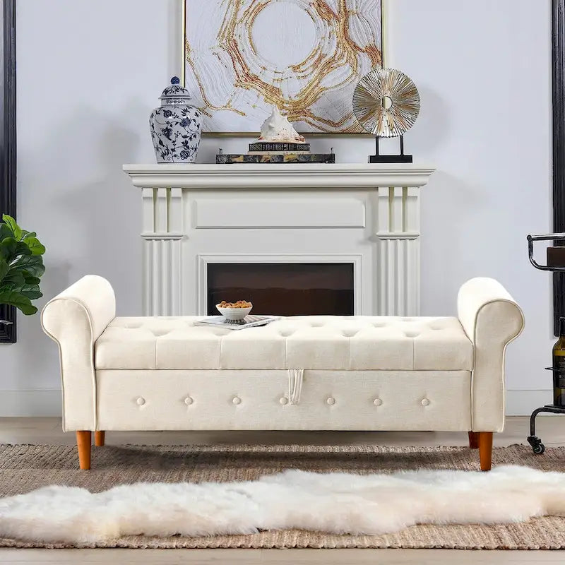 62 Bedroom Tufted Button Storage Bench, Window Bench, Rolled Arm Design for Bedroom, Living Room