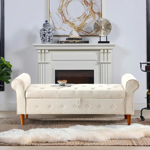 62 Bedroom Tufted Button Storage Bench, Window Bench, Rolled Arm Design for Bedroom, Living Room