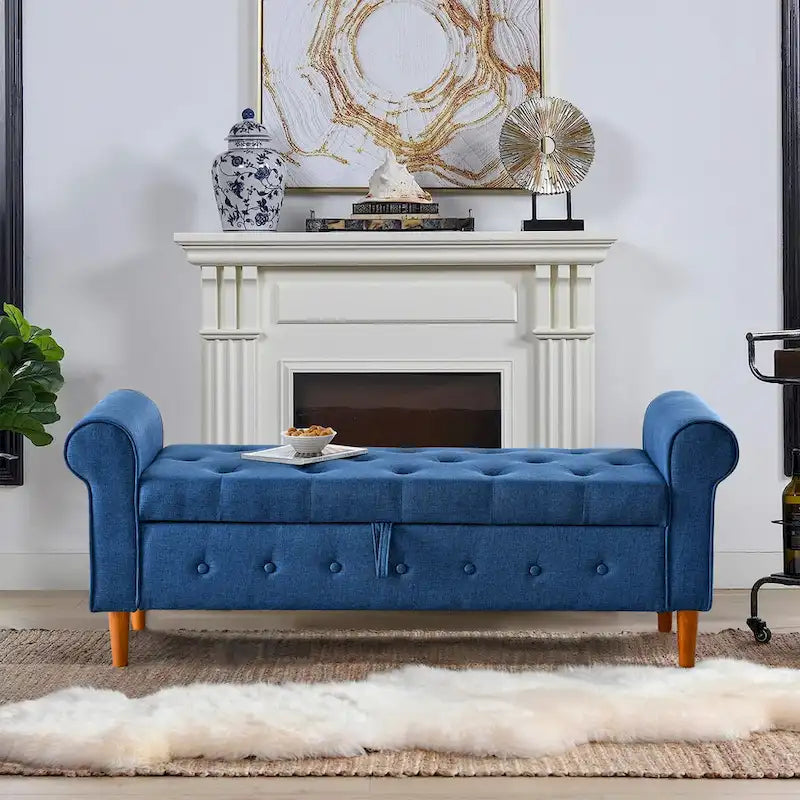 62 Bedroom Tufted Button Storage Bench, Window Bench, Rolled Arm Design for Bedroom, Living Room