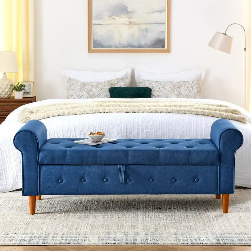 62 Bedroom Tufted Button Storage Bench, Window Bench, Rolled Arm Design for Bedroom, Living Room