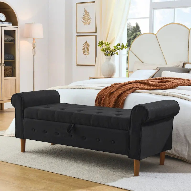 62 Bedroom Tufted Button Storage Bench, Window Bench, Rolled Arm Design for Bedroom, Living Room