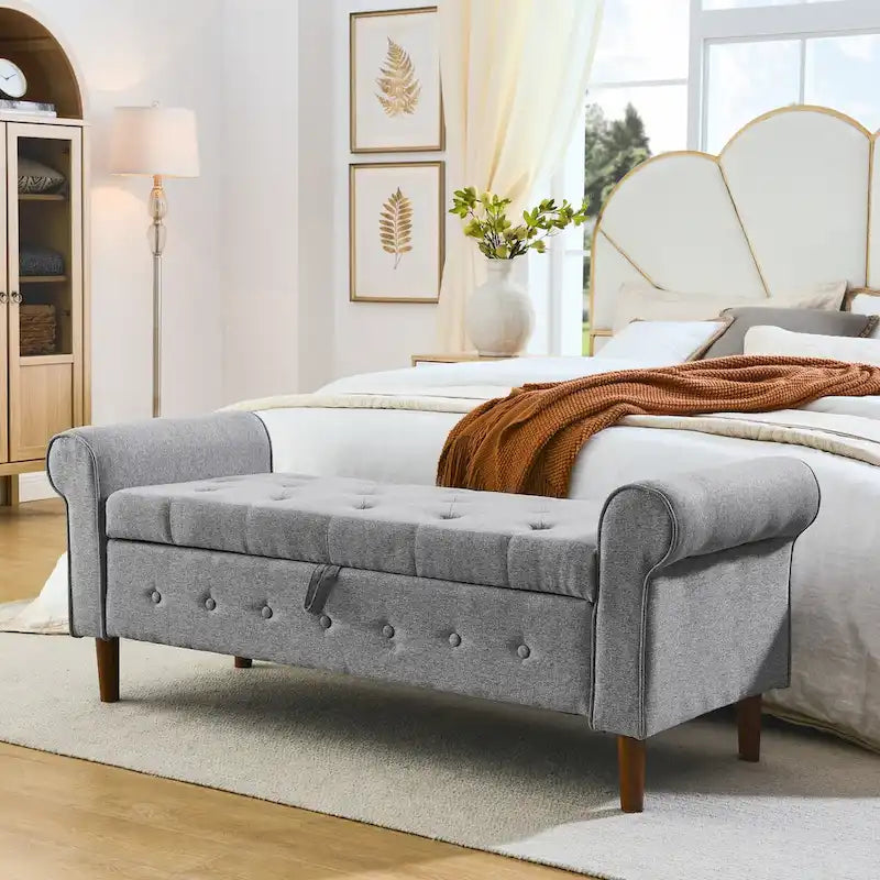62 Bedroom Tufted Button Storage Bench, Window Bench, Rolled Arm Design for Bedroom, Living Room