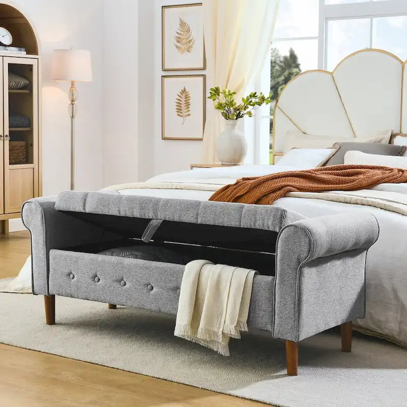 62 Bedroom Tufted Button Storage Bench, Window Bench, Rolled Arm Design for Bedroom, Living Room