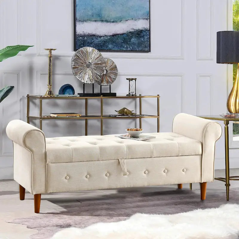 62 Bedroom Tufted Button Storage Bench, Window Bench, Rolled Arm Design for Bedroom, Living Room
