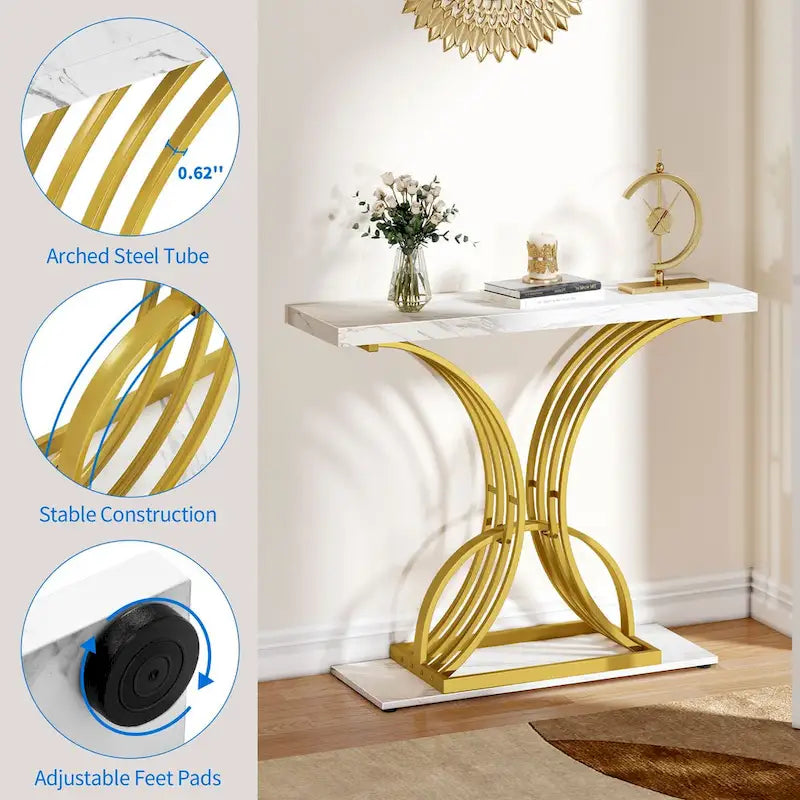 Moasis 39 Modern Faux Marble Console Table with Gold Base, Entryway Sofa Table for Living Room