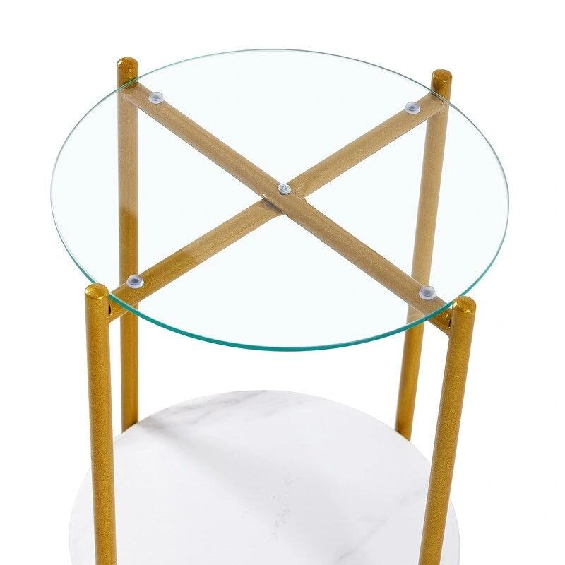 2 Tier Round Side Table with Tempered Glass Modern End Tables