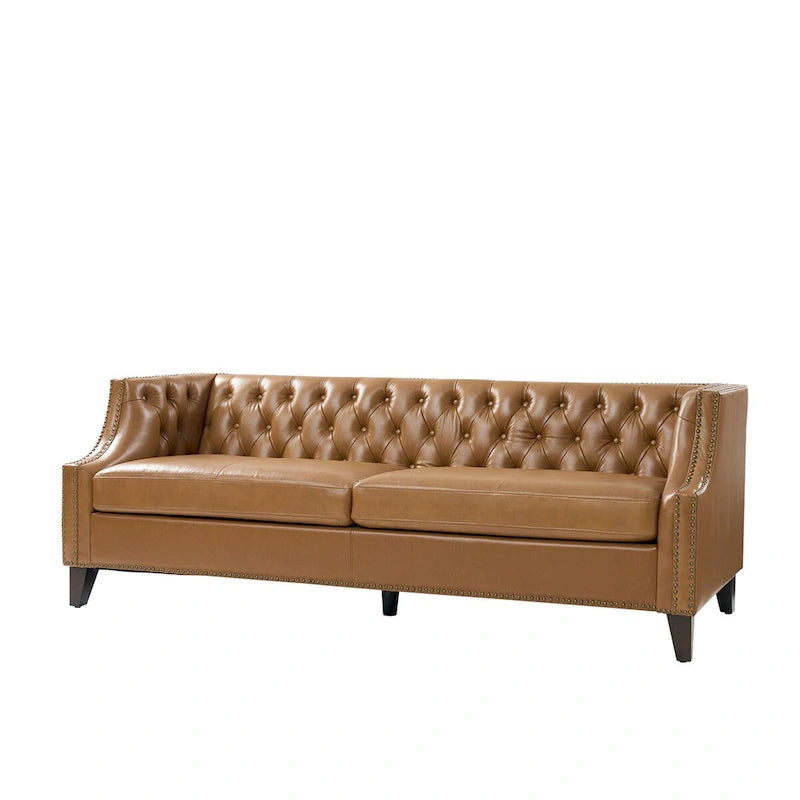 Transitional Genuine Leather Tufted Design Sofa with Solid Wood Legs