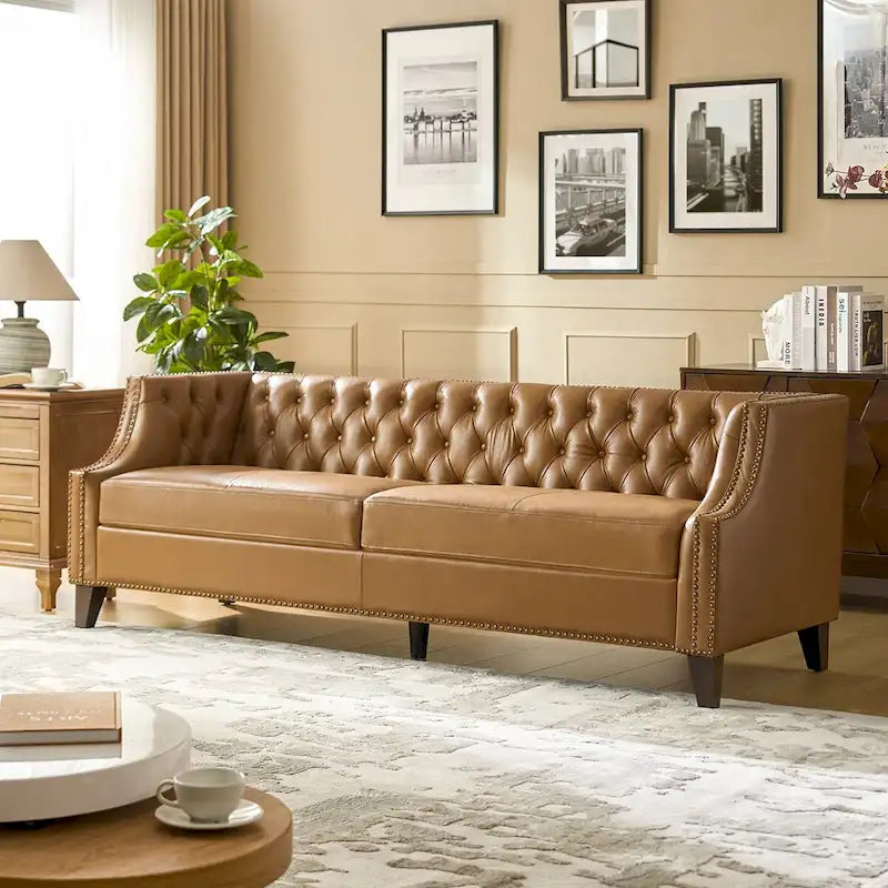 Transitional Genuine Leather Tufted Design Sofa with Solid Wood Legs
