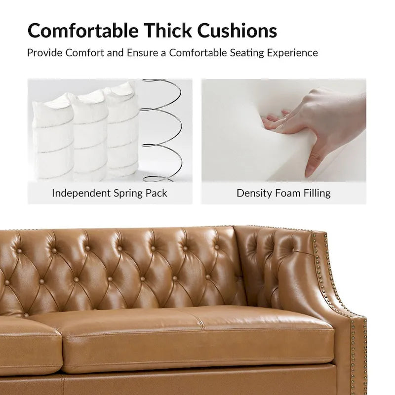 Transitional Genuine Leather Tufted Design Sofa with Solid Wood Legs