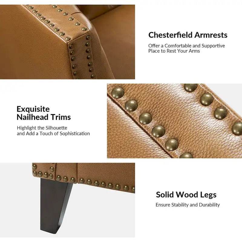 Transitional Genuine Leather Tufted Design Sofa with Solid Wood Legs