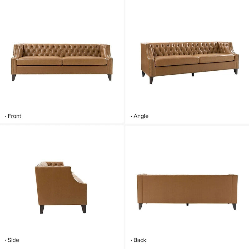 Transitional Genuine Leather Tufted Design Sofa with Solid Wood Legs