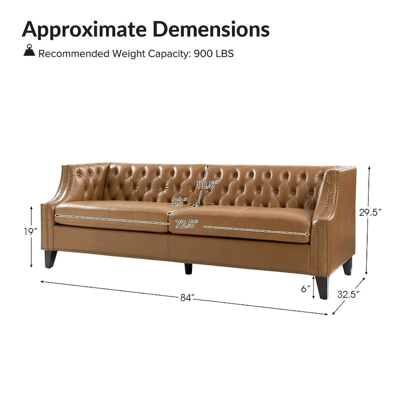 Transitional Genuine Leather Tufted Design Sofa with Solid Wood Legs