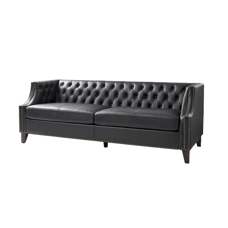 Transitional Genuine Leather Tufted Design Sofa with Solid Wood Legs