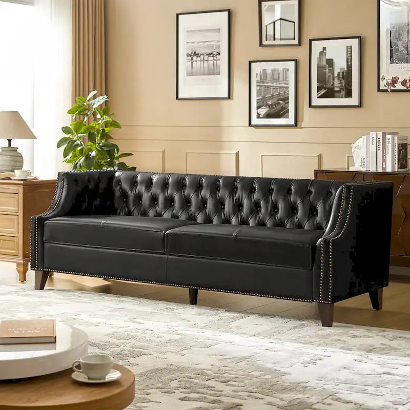 Transitional Genuine Leather Tufted Design Sofa with Solid Wood Legs