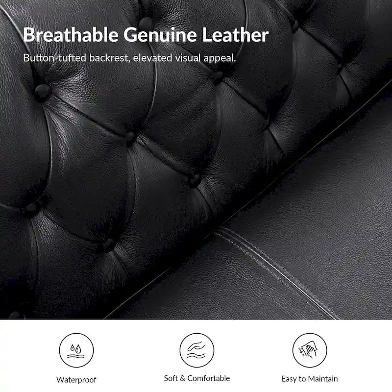 Transitional Genuine Leather Tufted Design Sofa with Solid Wood Legs