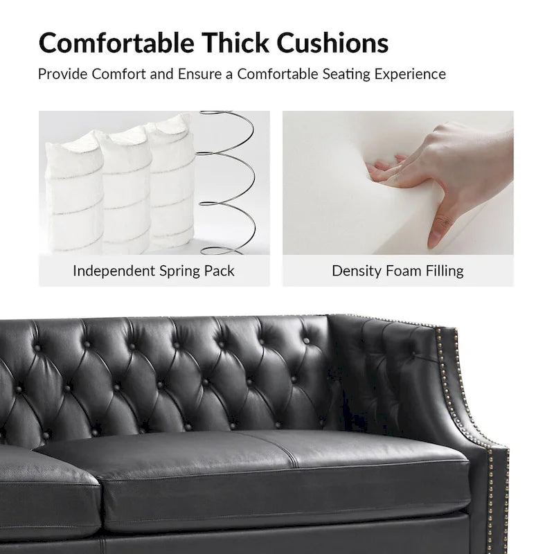 Transitional Genuine Leather Tufted Design Sofa with Solid Wood Legs