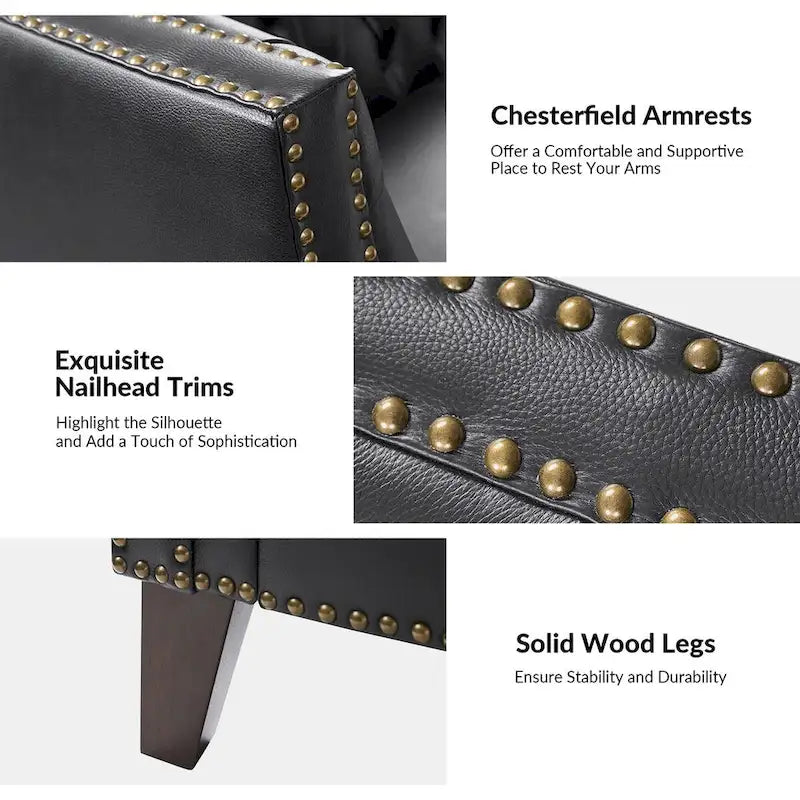 Transitional Genuine Leather Tufted Design Sofa with Solid Wood Legs