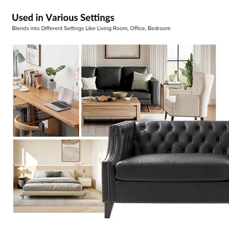 Transitional Genuine Leather Tufted Design Sofa with Solid Wood Legs