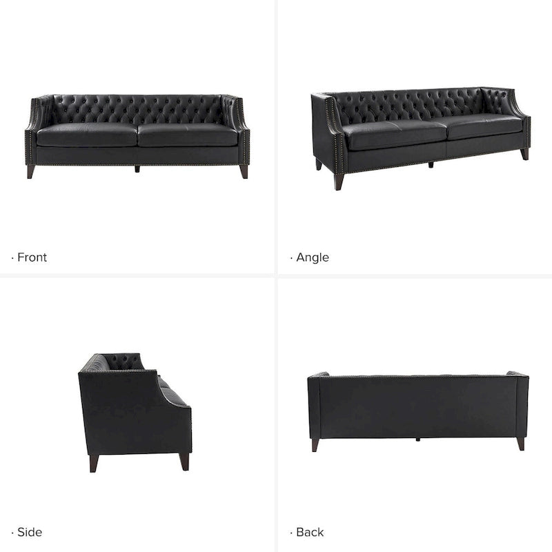 Transitional Genuine Leather Tufted Design Sofa with Solid Wood Legs