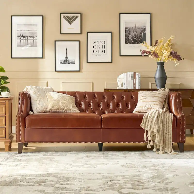 Transitional Genuine Leather Tufted Design Sofa with Solid Wood Legs